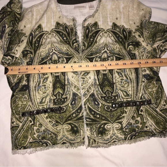 Chicos Jacket Open Front Size 2 Large Woven Textured Green Print Frayed Edges - Picture 5 of 13